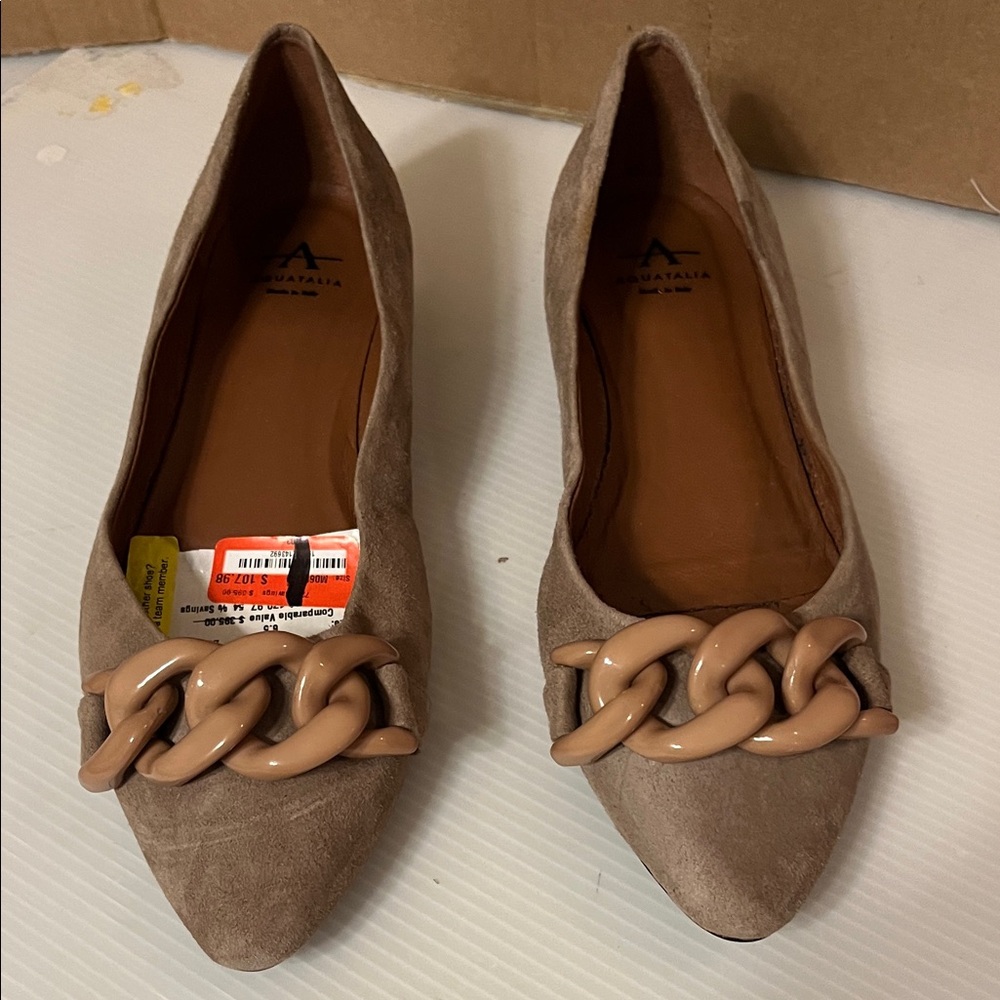 Aquatalia Brown Suede Chain Detail Flats 6:5